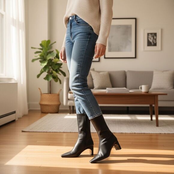 St. Agni Black Leather Block Heel Boots EU Size 36 US Size 5